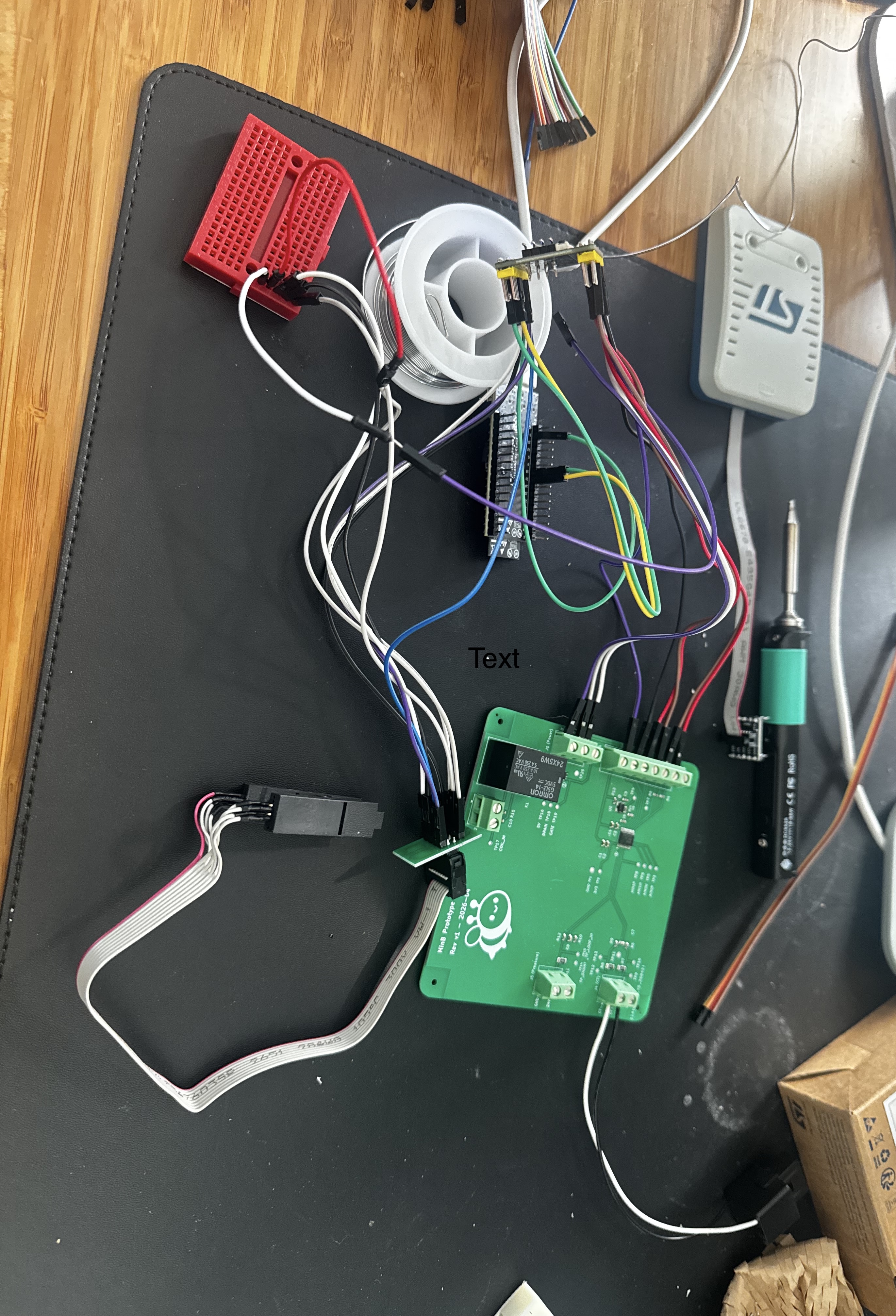 First custom green minb printed circuit board connected during development testing