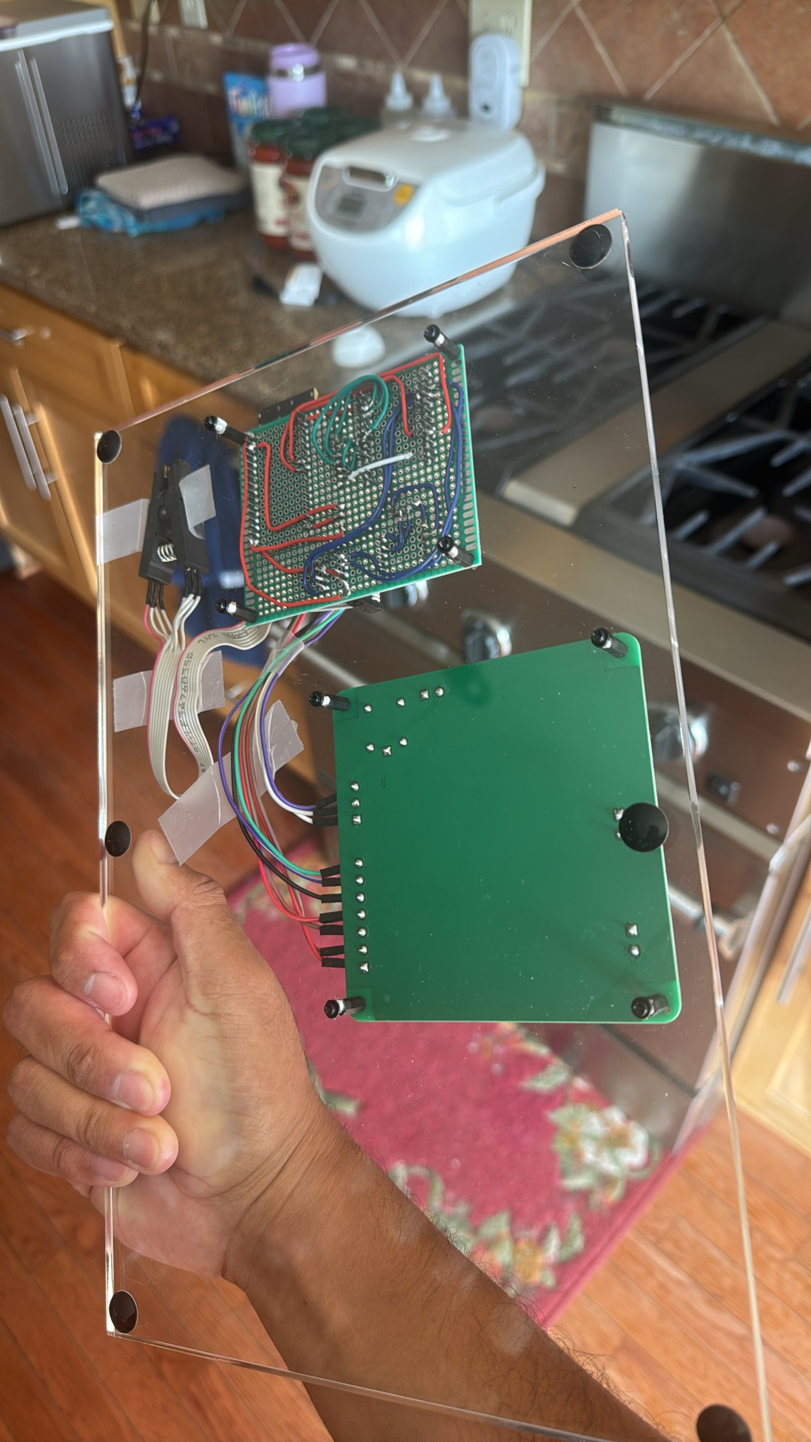 Integrated minb prototype electronics mounted together on a clear acrylic panel